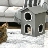 Casetta per Gatti a Due Livelli con Cuscini Lavabili 3 entrate, 42x46x59.5 cm, Grigio