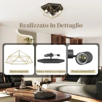 Lampada da Soffitto Stile Industriale Geometrica con 3 Attacchi E27 per Lampadine LED, Nero e Oro