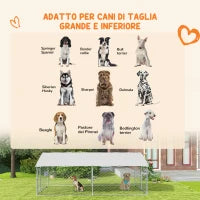 Recinto per Cani Grandi fino 30kg per Esterno, con Tetto Impermeabile e Anti-UV, 4x2.3x1.5m, Argento