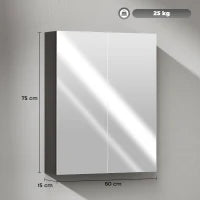 Armadietto Pensile Bagno 2 Ante con Specchiera e 2 Ripiani Interni in MDF, 60x15x75 cm, Nero