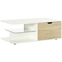 Tavolino Basso da Caffè in Truciolato con Cassetti e Ripiano in Vetro per Soggiorno e Ingresso, 106x58x39 cm, Bianco