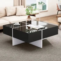 Elegante Tavolino da Caffè Lucido con Vano Portaoggetti Integrato e 4 Cassetti, 70×70×35 cm, Nero e Bianco
