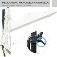 Ombrellone a Sbalzo 3x3 m Inclinabile con Manovella e Base a Croce, in Acciaio e Poliestere, Bianco Crema