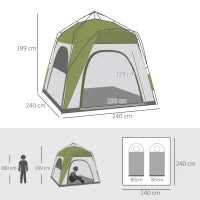 Tenda da Campeggio 2 Posti Pop Up con Porta a Cerniera e 3 Finestre, 240x240x199 cm, Verde