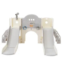 8-in-1 Scivolo per Bambini, Gioco da Arrampicata Multifunzionale con 2 Scivoli, Scala da Arrampicata, Canestro da Basket, Gioco del Lazo, Binocolo, Armadietti, 200×165×95 cm,Grigio antico bianco