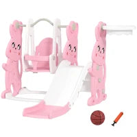 Scivolo e altalena per bambini 4 in 1 con cestino da basket, scivolo e altalena, 147,5x160x107cm, Rosa