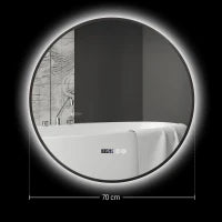 Specchio Bagno con Luce LED Regolabile, Antiappannamento e Display Tempo e Temperatura, Ø70 cm, Nero