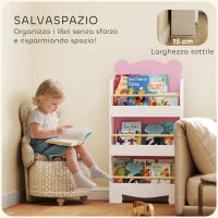 Libreria per Bambini con 3 Ripiani a Forma di Orsetto con Barriere Frontali, 55x15x110 cm, Rosa