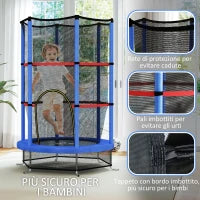 Tappeto Elastico per Bambini 3-6 Anni con Rete di Protezione, 6 Colonne e 3 Ingressi, Ø140x190 cm, Blu e Nero