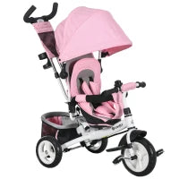 Triciclo per Bambini 1-5 Anni con Maniglione e Tettuccio Regolabile, 102x49x102 cm, Bianco e Rosa