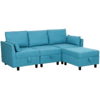 Divano Componibile Modulare 3 Posti con Pouf Poggiapiedi e Cuscini, Rivestimento in Flanella, Blu