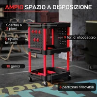 Carrello Porta Attrezzi a 3 Livelli in Plastica con Pannello Forato Laterale, Nero e Rosso