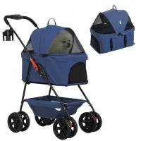 Passeggino per Cani 3 in 1 Pieghevole con Borsa Trasportino e Cestino Inferiore, Blu