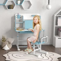Set Scrivania e Sedia per Bambini Regolabili, Banco Scuola con Piano Inclinabile, Cassetto, Scaffale, Blu