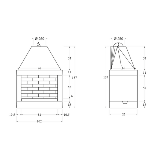 Camino a legna prefabbricato focolare aperto refrattario qr100ref parete angolo