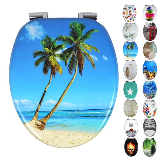 Sedile copri wc universale frizionato fantasia mdf chiusura rallentata *** fantasia palms beach, confezione 1