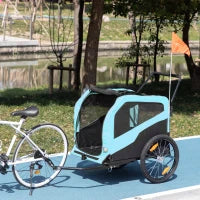 Rimorchio Bici per Cani 30kg max con 2 Ingressi e Tasche Portaoggetti, in Acciaio e Tessuto Oxford, Blu
