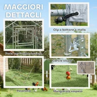 Recinto per Galline da 12m² per 12-18 Animali con Tetto Impermeabile, Mangiatoia e Posatoio, 3x4x1.9m, Argento