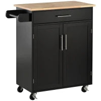 Carrello da Cucina con Cassetto e Armadietto 2 Ante, Ruote e Barra Laterale, 83x45x91.5cm, Nero