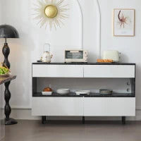 Credenza moderna effetto marmo nero con ripiani aperti, 4 cassetti e illuminazione LED, 150x35x89,5 cm, Bianco e Nero