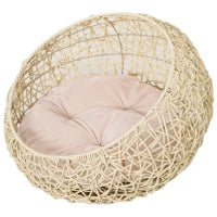 Cuccia per Gatti e Animali Domestici, Cesta in Rattan Beige con Cuscino in Cotone (Ф56 x 35 A cm)