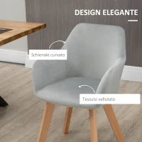 Set 2 Sedie per Sala da Pranzo Imbottite in Velluto con Braccioli e Gambe in Legno, Grigio