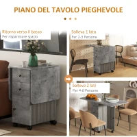 Tavolo Pieghevole con 2 Cassetti e Armadietto, 6 Rotelle e Freni, 120x60x76.5 cm, Grigio Legno e Roccia
