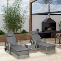 Set Lettini Prendisole con Tavolino da Giardino, Set da Giardino 3 Pezzi, Rattan Sintetico e Metallo, Grigio Scuro