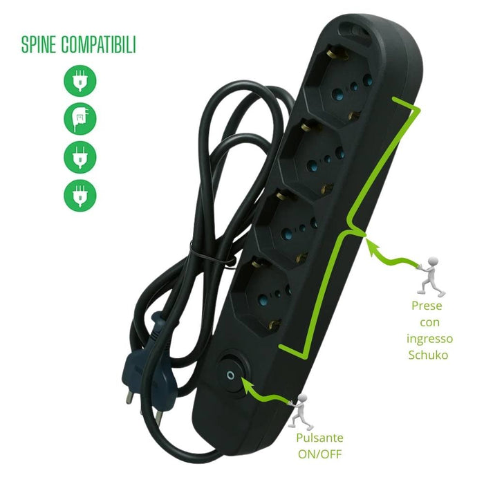 Ecova 30097x multipresa 4 uscite universali 10/16a con interruttore cavo 1,5m nero