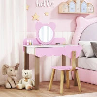 Set da Trucco con Sgabello per Bambine, Specchio da Trucco, Design Orsetto, Cassetto, MDF, Rosa