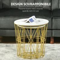 Set 2 Tavolini da Salotto Moderni Impilabili con Ripiano Rimovibile, Tavolino da Caffè con Contenitore per Soggiorno e Camera, Bianco Oro