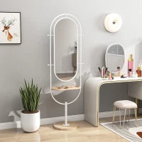 Specchio da Terra a Figura Intera 175,5x50 cm con Vassoio in Legno 4 Ganci e Cornice in Metallo per Soggiorno Camera Bianco