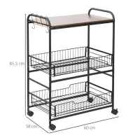 Carrello da Cucina Portavivande Stile Industriale con 4 Ruote, 2 Cestini e 4 Ganci, 60x38x85.5cm, Marrone Nero