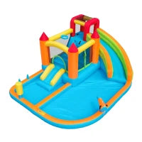 Castello gonfiabile multiuso con scivolo d'acqua, trampolino, canestro da basket e pistola ad acqua, 460x343x190 cm, Arancione
