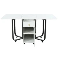 Tavolo da cucina versatile e pieghevole con ruote, con credenza e 2 cassetti, 150x80x76 cm, Bianco e Nero