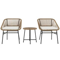 Set da Giardino 3 Pezzi in Rattan PE e Acciaio con 2 Sedie con Cuscini e Tavolino Rotondo, Multicolore