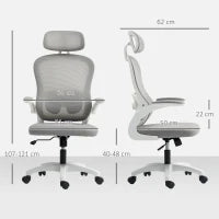 Sedia da Ufficio Ergonomica con Schienale in Rete, Regolabile in Altezza, Braccioli Pieghevoli, 5 Ruote, Funzione di Basculamento, Grigia