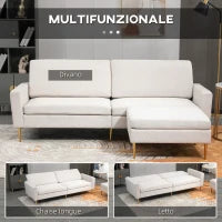 Divano Letto 3 Posti in Tessuto con Poggiapiedi e Schienale a 5 Reclinazioni, 213x91x83cm, Crema