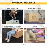 Box Jump a 3 Altezze Regolabili per Casa e Palestra, in Legno di Faggio, 45x40x60 cm