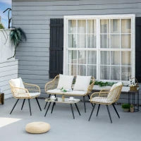 Set da Giardino 4 Pezzi con 2 Sedie da Giardino, Divanetto 2 Posti e Tavolino Basso, Naturale e Crema