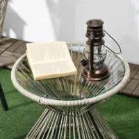 Set da giardino in rattan intrecciato 3 pezzi, 2 poltrone e 1 tavolino rotondo, cuscini inclusi, telaio in acciaio