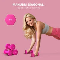 Set 2 Manubri 2x1 kg Esagonali e Antiscivolo per Casa e Palestra, in Metallo e Plastica, 13x5x5 cm, Rosa