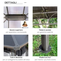 Gazebo da Giardino 3.6x3m con Tetto in Policarbonato Anti UV e Tende, Grigio