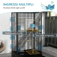 Gabbia per Uccelli con Vassoio Estraibile e Posatoi, Voliera per Pappagalli, 61x36.5x98cm, Nero