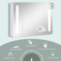 kleankin Armadietto Specchiera da Bagno con 3 Armadietti, 3 Ripiani e Luce LED, 90x15x65 cm, Bianco