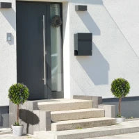 Set 2 Piante Artificiali Verdi a Sfera con Fiori di Lavanda e Vaso con Muschio e Cemento, Ø24x60 cm