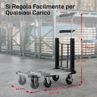 Carrello Portapacchi Pieghevole con Pedana Estensibile, Capacità 150 kg, Maniglia Regolabile, Argento