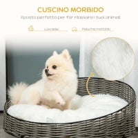 Cuccia per Cani e Gatti in Rattan PE con Cuscino in Peluche Lavabile, Φ60x32cm Grigio Scuro