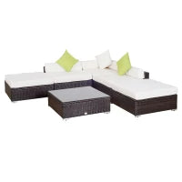 Set Giardino Esterno 6 Pezzi in Rattan PE, Salotto da Giardino con Divano Angolare e Pouf con Cuscini Lavabili, Marrone