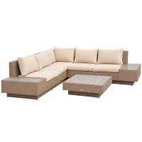 Set da Giardino 4 Pezzi in Rattan, Divano Angolare con Cuscini e Tavolini, Nero e Marrone chiaro